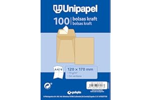 Unipapel - Pack 100 Sobres Papel Kraft 70g, 120x170mm, Bolsa Cierre Recto con Tira Autoadhesiva Silicona Autodesk, Apertura Superior, Elegante Papel Verjurado, Ideales para Documentos de Oficina