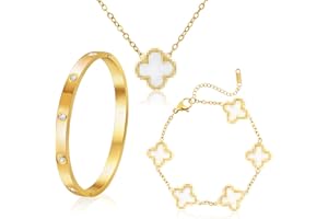 Ouxayapl 18K Vergoldet Vierblättriges Kleeblatt Armband, 18K Vergoldet Vierblättriges Kleeblatt Anhänger Halskette, Gold Armband Cubic Zirkonia Armreif, 3 PCS Schmuck Set für Geschenke Geburtstags