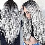 YUNSI Silver Grey Gradient Wigs for Women with Roots Black Loose Wavy Curly Wig Use Party Show ，Halloween (Gray)