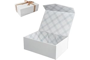 Tekhoho Caja de Regalo Blanco, Magnética Cajas Regalo con Tapa, Caja de Regalo Vacia con Lazo y Tarjeta, Caja Plegables para Bodas Cumpleaños Envoltura de Presenta, Forro a Cuadros, Tapa en Forma de V