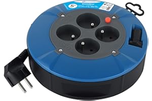 Electraline 28905 Enrouleur Rallonge Ménager Domestique avec 4 Prises 16A, Câble 5M-Section 3G1 mm², Blue