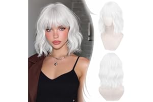 RUWISS Peluca pelo Natural Blanco con Flequillo, 35 cm Pelucas Mujer pelo Natural Rizado Ondulado Peluca Bob Corta Sintética para Cosplay Fiestas