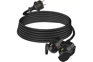 HUARUI Verlängerungskabel Outdoor 5m mit 2 Schuko-Steckdosen, Gummi Doppel-Verlängerung 3500W mit Schutzkappe für den Außenbereich IP44, Stromkabel H05RR-F 3G1,5mm² mit Doppelsteckdose, 16A/250V, Schwarz