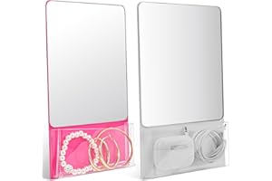 Torolle Magnetic Locker Mirror with Organizer Bag, 6.69" x 5.51" Small Real Glass Mirror with Magnetic Backing for School Locker Household Refrigerator Bathroom Office Cabinet -Grey&Pink