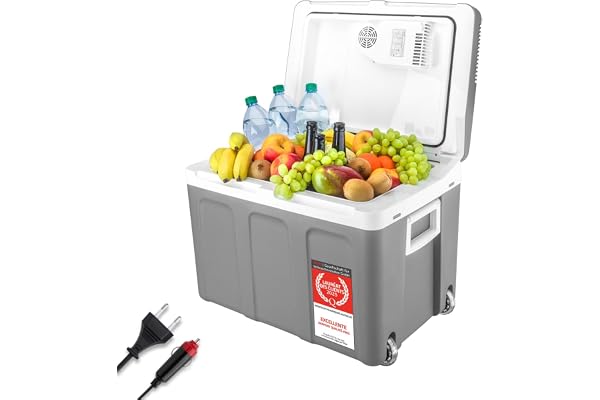 TZS First Austria - Réfrigérateur portable 45L électrique 12V 230V prise voiture & standard - Box thermoélectrique refroidit & chauffe - Glacière avec roues - Pour camping, festival, voyages - Gris