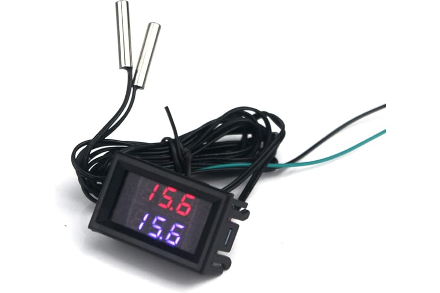 Taikuwu 1 Pcs Temperature Meter Dual Digital Display Thermometer DC 4-28V 2 Pieces Waterproof NTC Temperature Sensor Probe Detector Gauge for Car/Room/Refrigerator/Water(Red/Blue)