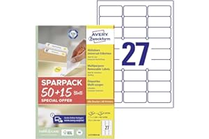 ‎AVERY ZWECKFORM AVERY Zweckform L4737REV-65 Universal Etiketten (1.350 plus 405 Klebeetiketten extra, 63,5x29,6mm auf A4, wieder rückstandsfrei ablösbar/abziehbar, bedruckbar, selbstklebende Aufkleber) 65 Blatt, weiß
