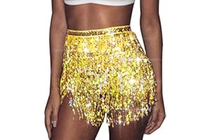 Ushiny Festival Outfit Sequin Tassel Skirt Costume Rave Mini Skirts Ballet Dance Fringe Hip Scarf Glitter Sequin Skirt for Women and Girls