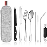 HOTUT Stainless Steel Flatware Set, 9 Piece Camping Cutlery Kit with Case, Travel Cutlery with Spoon Fork Knife Table Knife S