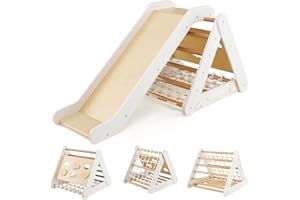 DREAMADE 4-in-1 Climbing Triangle with Slide and Climbing Net, Wooden Triangle Climbing Toy, Indoor Climbing Frame for Sliding and Climbing for Children from 1 Year (White)