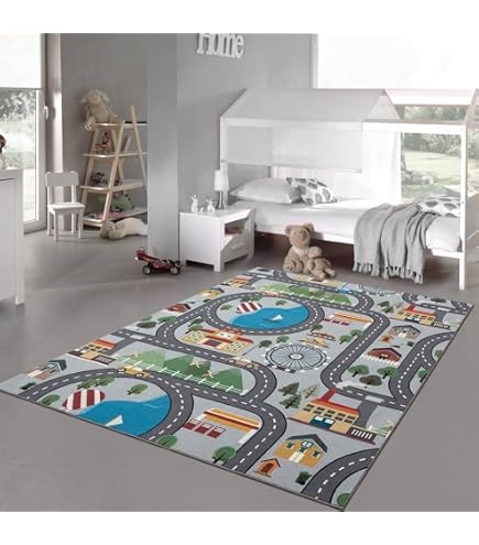 TT Home Spielteppich Kinderzimmer – Auto-Straßen-Muster, 100x200 Cm, Grau, Aus Polyester (fußbodenheizungsgeeignet)