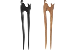 FloralGrace 2 unidades de horquillas de madera en forma de U, horquillas francesas hechas a mano con bonito diseño de gatos, 2 horquillas de madera vintage (negro y marrón)