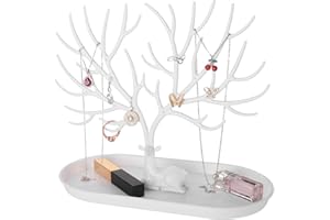 penobon Porte Bijoux, 2 en 1 Support Arbre Bijoux & Plateau à bijoux en plastique, Présentoir à bijoux pour Boucles d'Oreilles, Colliers, Bracelets, Montres et Bagues (Blanc)