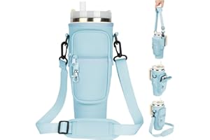 AYESY Torba na butelkę wody, uchwyt z regulowanym paskiem i kieszenią na telefon, do kubków Stanley, Quencher 1,1 l, na spacery, wędrówki, kemping, niebieska