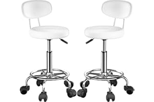 Rcynview Taburete con Ruedas Juego de 2, Taburetes Altos de Cocina con Respaldo, Silla Escritorio Blanca Regulables en Altura, Silla Oficina Giratorio en Piel Sintética, Silla Tocador Maquillaje