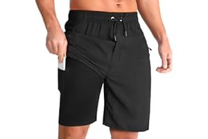 iCKER Men's Swimming Shorts with Compression Liner 2 in 1 Swimming Trunks Quick Dry 9 inch Inseam Board Shorts with Zipper Pockets