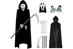 Suffolly La Faucheuse Costume, Cape Halloween Homme, Deguisement Halloween Homme avec Cape Noire Faucille et Masque Gants, Deguisement Faucheuse Adulte pour Halloween Carnaval