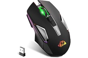 ‎KUIYN Bezprzewodowa Cicha Mysz do Gier 2.4G, ładowalna, Długa żywotność Baterii, 7 Kolorów światła, 2400 DPI, Inteligentne Oszczędzanie Energii, Ciche Kliknięcie, Optyczna, na PC, PS4, XBOX (Czarna)