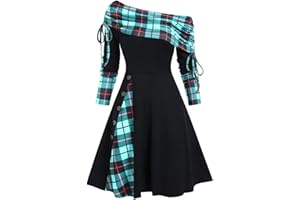 JKJFJKA Weihnachten Schulterfrei Kleider für Damen Vintage Druck Patchwork A-Linie Kleid Lässig Locker Fließend Swing Cocktail Party Abschlussball Kleider Weihnachten Maxi Kleid für Damen
