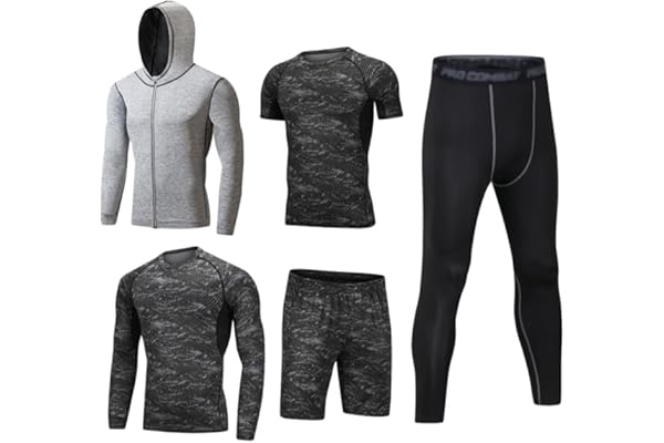 Dooxii Homme 5 Pièces Vêtements de Sport avec Hoodies Vestes Manches courtes Manches longues Shirt Compression Collant Short Séchage Rapide Workout Ensemble de Fitness Tenuede Sportswear