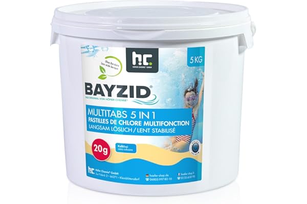 Höfer Chemie 1 x 5 kg Pastilles de Chlore (20 g) Multifonction 5 en 1 pour Piscine, Désinfection, Anti-Algues, Floculant, pH Stable – Entretien Longue Durée Piscine