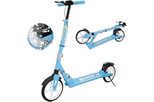 MEE GOO Scooter with Disc Brake & Dual Shock Absorbers, 200mm PU Wheels ABEC-7 Bearings, Foldable Scooter for Teenagers and adults, Non-Slip Deck - Pink/White/Blue