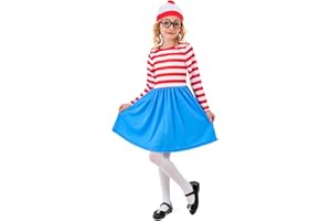CosExpress Wheres Wally Costume Kids World Book Day Costumes for Gilrs, Where's Waldo Costume with Red and White Striped T shirt,Wheres Wally Hat and Glasses, Wheres Wally Fancy Dress Kids