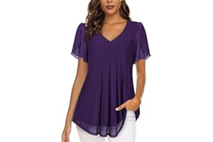 ACDAY Womens Blouses V Neck Ladies Tops Petal Short Sleeve Chiffon Tops Double Layers Mesh Tunic Tops Casual Shirts