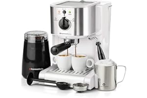 EspressoWorks 7 Pc All-in-One Espresso & Cappuccino Maker Machine Barista Bundle Set w/Built-in Steam Wand (Inc: Coffee Bean Grinder, Portafilter, Frothing Cup, Spoon w/Tamper & 2 Cups) (White)