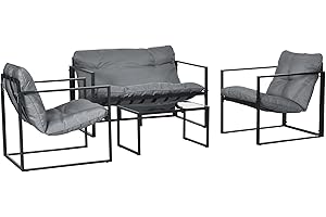 Outsunny Salon de Jardin Meuble de Jardin 4 pièces pour 4 Personnes avec canapé 2 Places, 2 fauteuils et 1 Table Basse 3 Coussins pour terrasse Jardin - Polyester Noir Gris Acier