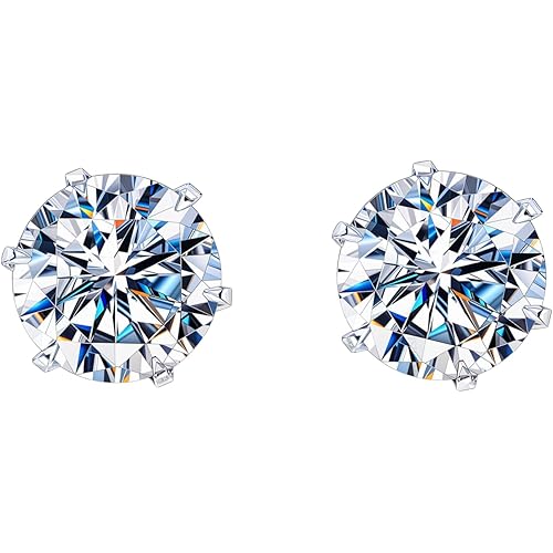 HIGHSPARK 925 Silver Solitaire Stud Earrings | 92.5 Sterling Silver & Round Brilliant Cubic Zirconia Tops for Men Women