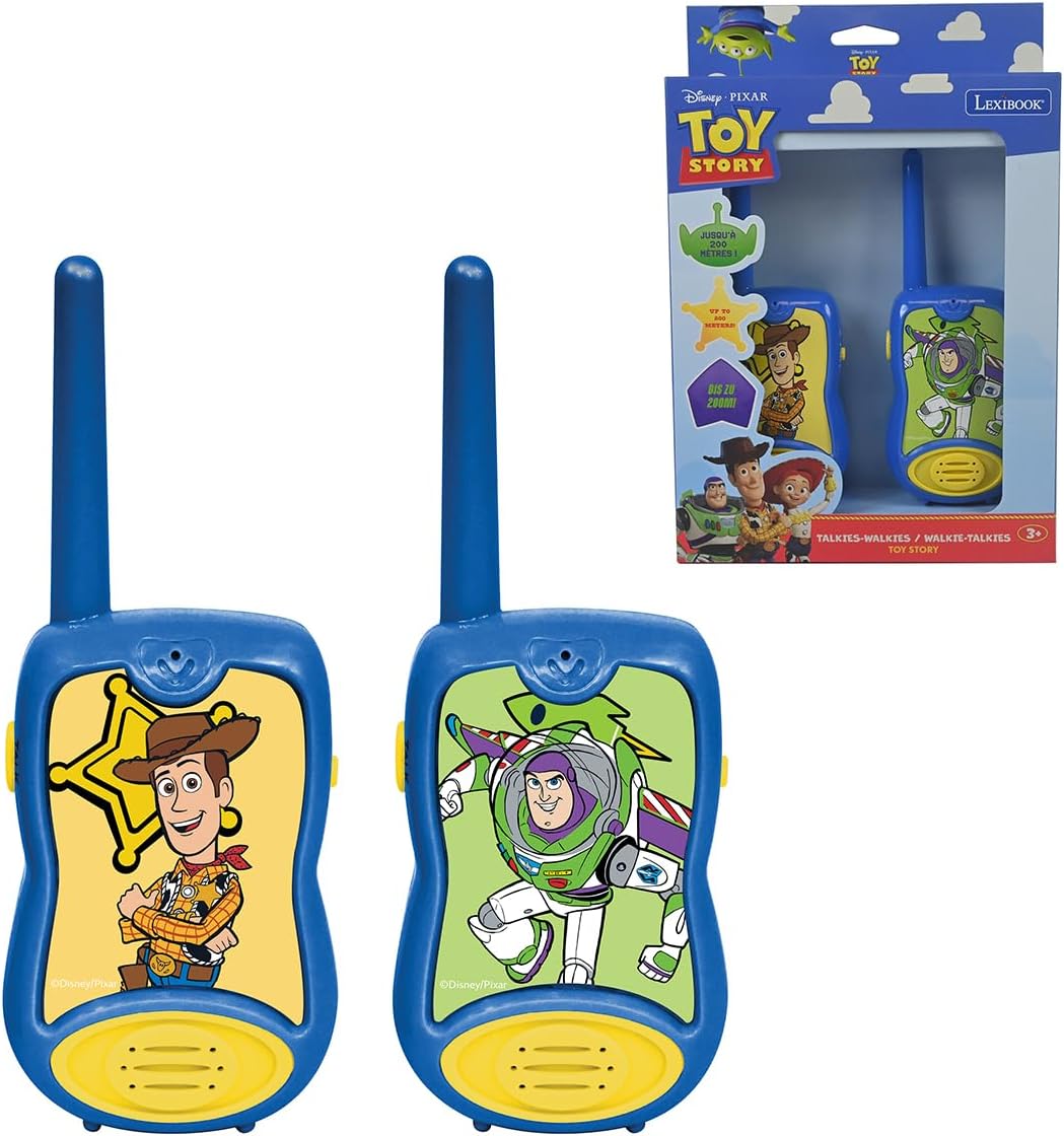 Lexibook, Toy Story Woody Buzz l'Éclair Walkie Talkies, Juego de comunicación para niños, 2 Canales, Clip para cinturón, a Pilas, Azul/Amarillo, TW12TSLXB