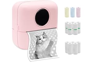 DIFCUL Mini Thermal Printer,Bluetooth Labler Maker,Portable Inkless Printer Compatible with Android and ios,Printable Photos,Lists,Memo,QR Codes,Notes with 5 Thermal Paper+Self-adhesive paper（pink）