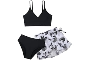 LYZOURBB Teen Girls 3PCs Swimsuit Costume Bathing Suits Bikini Set Adjustable Bikini Top with Floral Cover Up Skirt for 8-14Years