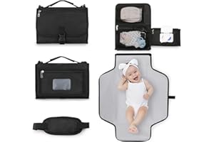 Bebamour Portable Nappy Changing Mats with Wipes Pocket Travel Baby Changing Pads with Head Cushion for Infants Waterproof Diaper Changing Pads Newborn Essentials, New Black