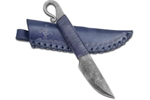 MADHAMMERS Cuchillo de hoja fija Cuchillo de acero Volute blau-Forjado a mano y aspecto vintage-Hoja puntiaguda ultra afilada-Diseño antiguo elegante - Estuche de cuero genuino incluido - Regalo original