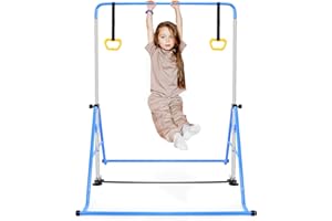 VNIERXFUL Foldable Kids Gymnastics Bar with Hand Protection Wrap,Adjustable Height Junior Training Kip Horizontal Bar Gymnastics Equipment for Home, Indoor&Outdoor Gym Equipment, Blue Kids Gymnastics Bar