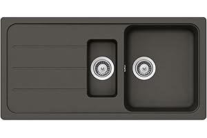 ‎SCHOCK SCHOCK Formhaus D-150L Asphalt Kitchen Sink, 100 x 50 cm, Cristalite® with Two Basins and Draining Board, Built-in Sink from 60 cm, Base Cabinet, Easy-Care, Robust Quartz Composite Surface