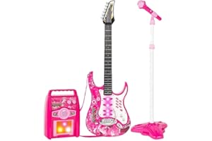 BAKAJI Chitarra Elettrica con Microfono Karaoke e Cassa Amplificatore AUX MP3 Giocattolo Bambini con Luci Effetti Sonori Musicali Musica Demo Tracolla e Asta Regolabile (Rosa)