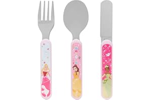 Disney Princess Ménagère 3 pièces en métal réutilisable avec couteau, fourchette et cuillère pour enfant, fabriqué en acier inoxydable de qualité alimentaire et plastique ABS avec Belle, Tiana et