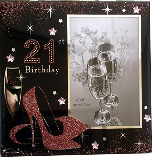 21st Birthday Gift Black Glass Photo Frame with pink 21st shoe design (SH0028)