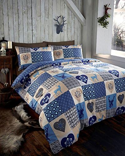 DUVET COVER SET - Blue Stag / heart printed patchwork quilt cover bed set (Single)