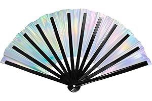 Husalsea Faltbarer PVC-Handfächer, 33 cm, Bambusrippen, reflektierender Stoff, Rave, Tanz, Hochzeit, Party-Fächer