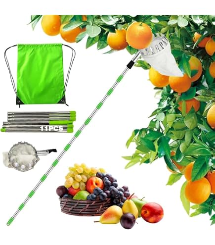 Perche Télescopique Cueille-fruits 4,4 M Avec Sac - Aluminium Léger, Idéale Pour Cerises, Pommes, Olives