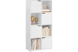 WOLTU Libreria Autoportante, Libreria Bianca a 8 Cubi Portaoggetti, Porta Libri con 4 Ante, Scaffale Portaoggetti per Soggiorno, Ufficio, Studio, in Legno, SK039ws