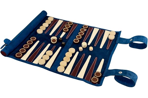 Melia Games Backgammon - Set de Voyage - Cuir Véritable - Pions en Buis Fait Main (Les Bleus)