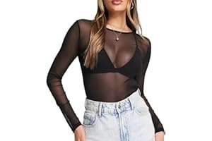 TUONYIS Damska koszulka przezroczysta seksowna bluzka z długim rękawem koszule z siateczki eleganckie damskie czarne topy z siatki topy klubowe Tunika Bluzki