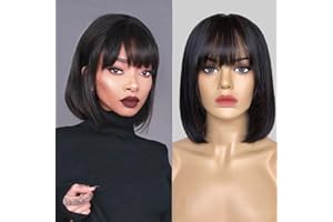 Fereowth 10 Pouces Straight Bob Wig With Bangs Perruque Cheveux Humain Naturelle Brésilien Perruque Femme Courte Perruque Bob avec Frange pour Femme (Noir #1B)