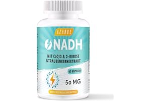 AZAROE NADH 50 mg, Formule Avancée avec CoQ10, Végétalien, Haute Résistance, Améliore l'énergie Cellulaire, Production d'ATP, Support Antioxydant, 60 Capsules