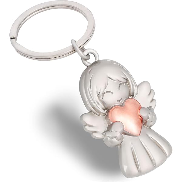Portachiavi Angelo Custode Rosa Con Cuore - Portafortuna Per Bambini, Esami, Auto - Regalo In Bustina Di Flanella